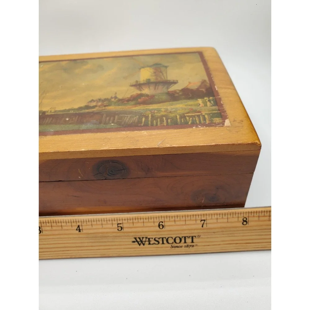 Vintage Wooden Jewelry Trinket Box Hinged Overlay 9 x 5 Inches Footed Holland